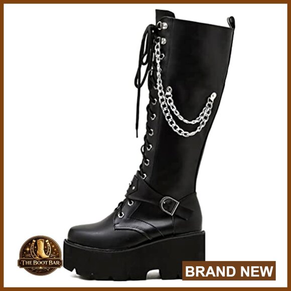 Knee High Platform Combat Boots with Buckle and Chain, Soft Manmade Pu - Picture 6 of 7